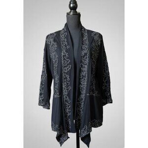 Lauren Michelle Embroidered Open Front Cardigan - Black & Silver - XL